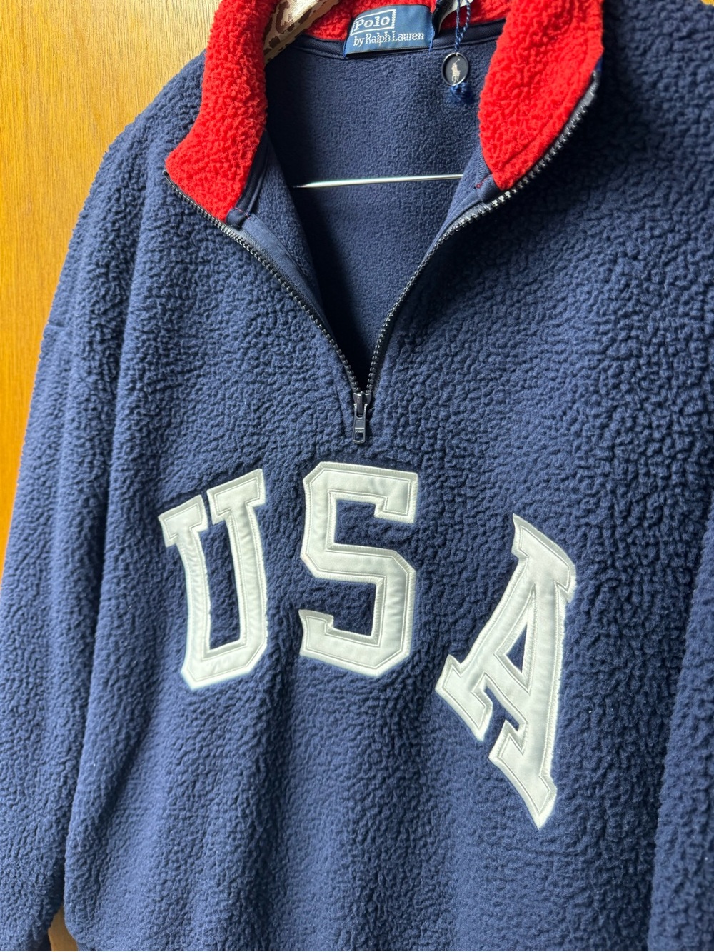 Polo Ralph Lauren Relaxed Fit Flag Fleece Pullover 1/4 Zip USA Blue Large Unisex - Picture 10 of 16